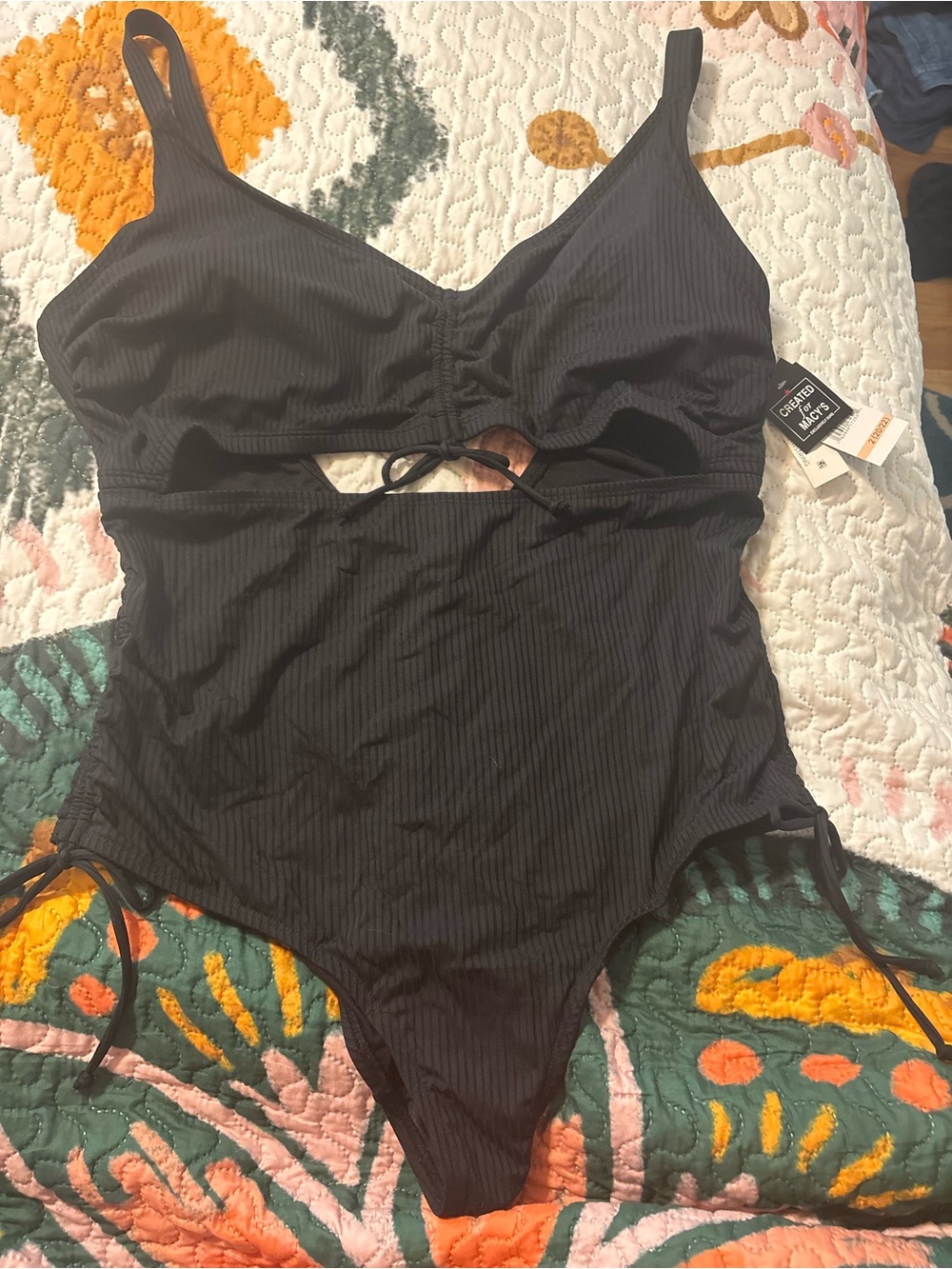 California Waves Ribbed Black One-Piece Swimsuit with Cutout